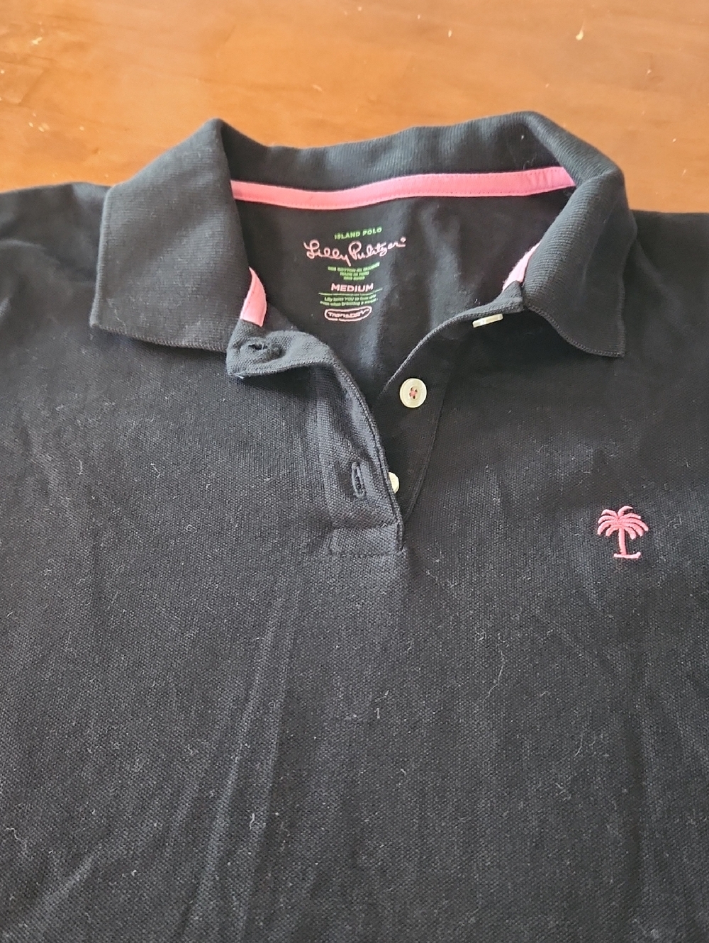 Lilly Pulitzer Black Island Polo with Pink Palm Embroidery and Trim Size M